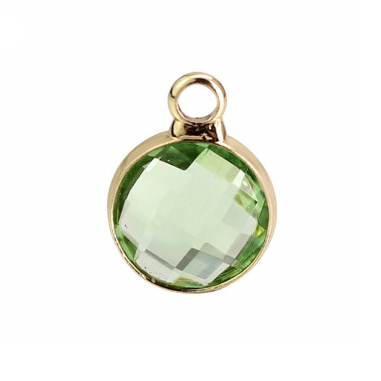 Picture of 5 PCs Brass & Glass Birthstone Charms Wholesale 18K Real Gold Plated Light Green Round August 8.6mm Dia.