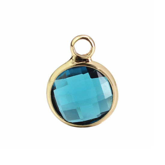 Picture of 5 PCs Brass & Glass Birthstone Charms Wholesale 18K Real Gold Plated Peacock Blue Round September 8.6mm Dia.
