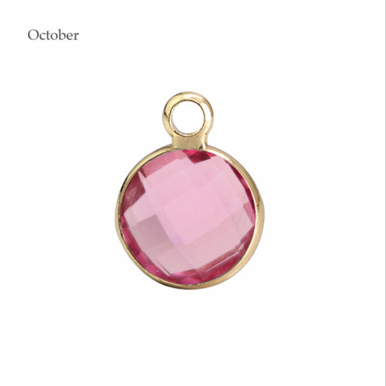 Picture of 5 PCs Brass & Glass Birthstone Charms Wholesale 18K Real Gold Plated Pink Round October 8.6mm Dia.