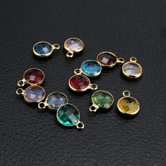 Picture of 5 PCs Brass & Glass Birthstone Charms Wholesale 18K Real Gold Plated Pink Round October 8.6mm Dia.