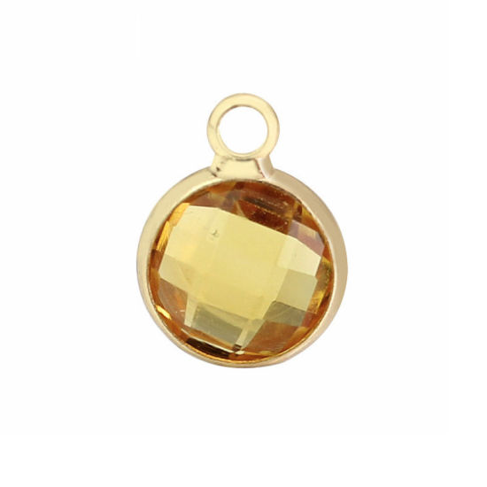 Picture of 5 PCs Brass & Glass Birthstone Charms Wholesale 18K Real Gold Plated Yellow Round November 8.6mm Dia.