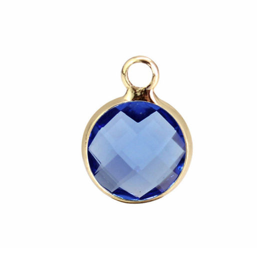 Picture of 5 PCs Brass & Glass Birthstone Charms Wholesale 18K Real Gold Plated Blue Violet Round December 8.6mm Dia.