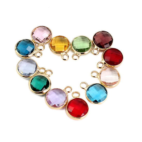 Picture of 5 PCs Brass & Glass Birthstone Charms Wholesale 18K Real Gold Plated Blue Violet Round December 8.6mm Dia.