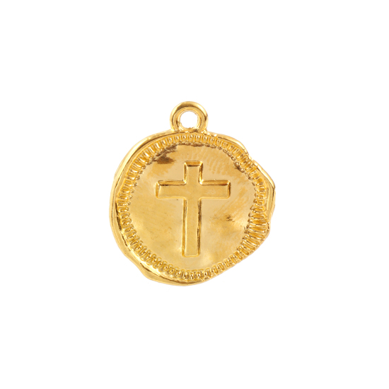 Immagine di Zinc Based Alloy Religious Charms Round Light Golden Cross 22mm x 19mm, 20 PCs