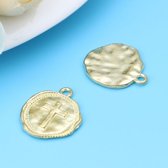 Immagine di Zinc Based Alloy Religious Charms Round Light Golden Cross 22mm x 19mm, 20 PCs