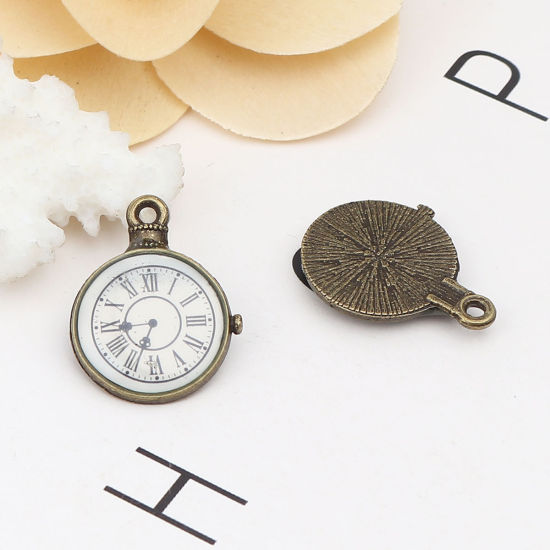 Immagine di Zinc Based Alloy Charms Pocket Watch Antique Bronze White 25mm x 19mm, 10 PCs