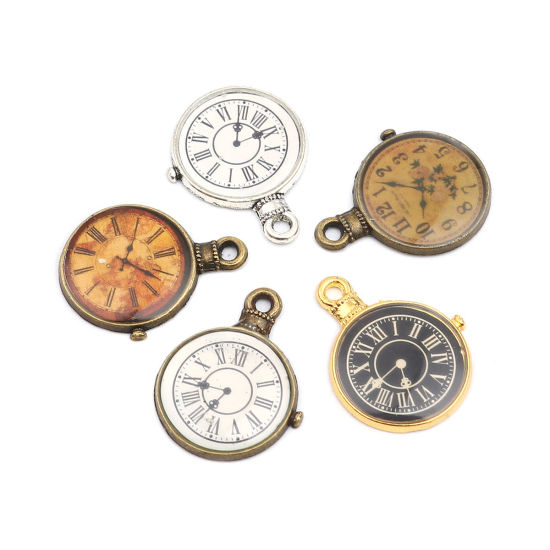Immagine di Zinc Based Alloy Charms Pocket Watch Antique Bronze White 25mm x 19mm, 10 PCs