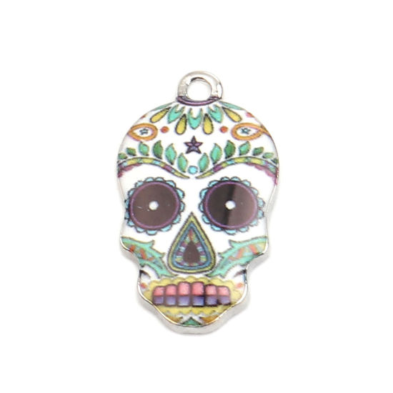 Picture of Zinc Based Alloy Halloween Charms Skull Silver Tone Multicolor Enamel 22mm x 13mm, 10 PCs