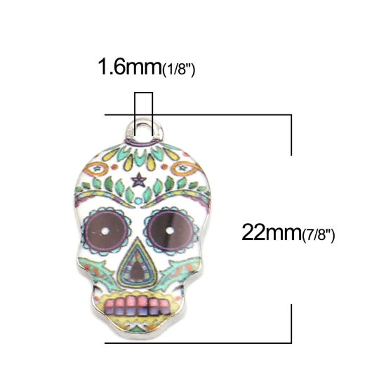 Picture of Zinc Based Alloy Halloween Charms Skull Silver Tone Multicolor Enamel 22mm x 13mm, 10 PCs