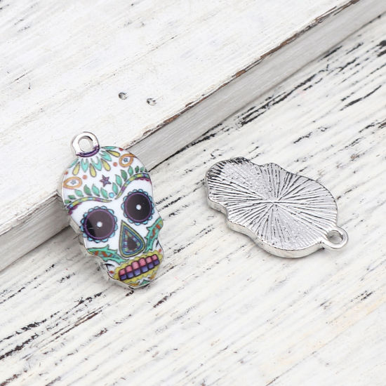 Picture of Zinc Based Alloy Halloween Charms Skull Silver Tone Multicolor Enamel 22mm x 13mm, 10 PCs