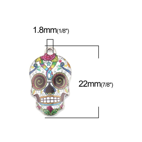 Picture of Zinc Based Alloy Halloween Charms Skull Silver Tone Multicolor Enamel 22mm x 13mm, 10 PCs