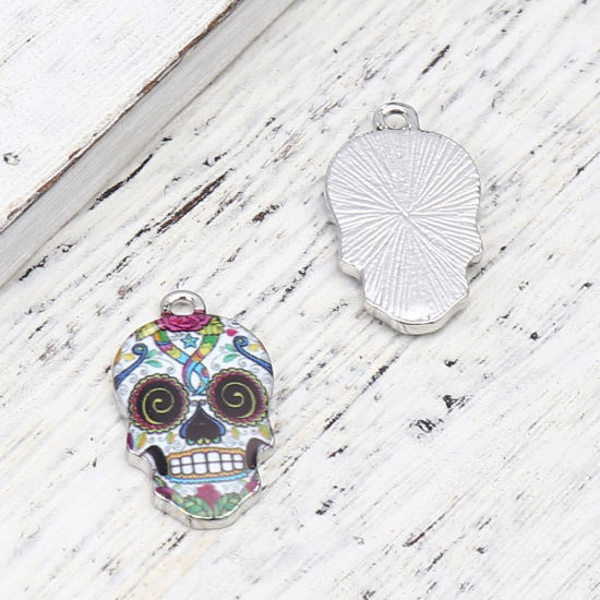 Picture of Zinc Based Alloy Halloween Charms Skull Silver Tone Multicolor Enamel 22mm x 13mm, 10 PCs