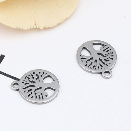 304ステンレス鋼 チャーム 円形 シルバートーン ツリー 12mm x 10mm、 10 個 の画像