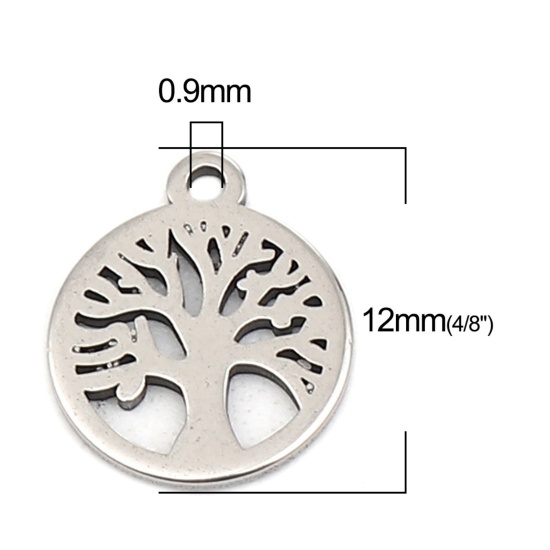 304ステンレス鋼 チャーム 円形 シルバートーン ツリー 12mm x 10mm、 10 個 の画像