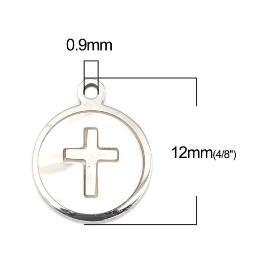 304ステンレス鋼 + シェル 宗教 チャーム 円形 シルバートーン オフホワイト クロス 12mm x 10mm、 1 個 の画像