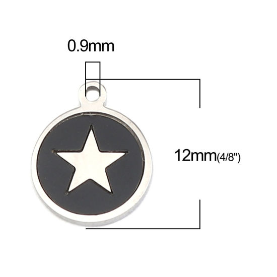 304ステンレス鋼 + シェル チャーム 円形 シルバートーン 黒 五芒星 12mm x 10mm、 1 個 の画像