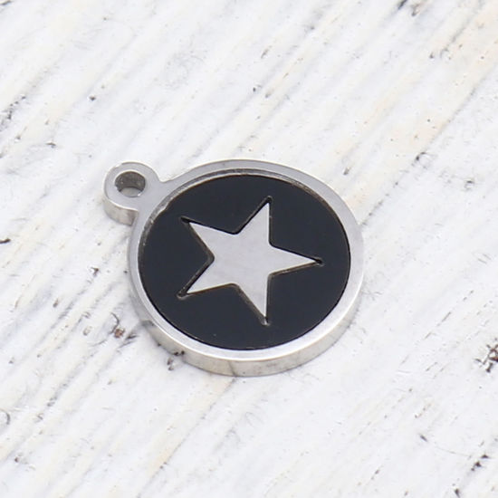 304ステンレス鋼 + シェル チャーム 円形 シルバートーン 黒 五芒星 12mm x 10mm、 1 個 の画像