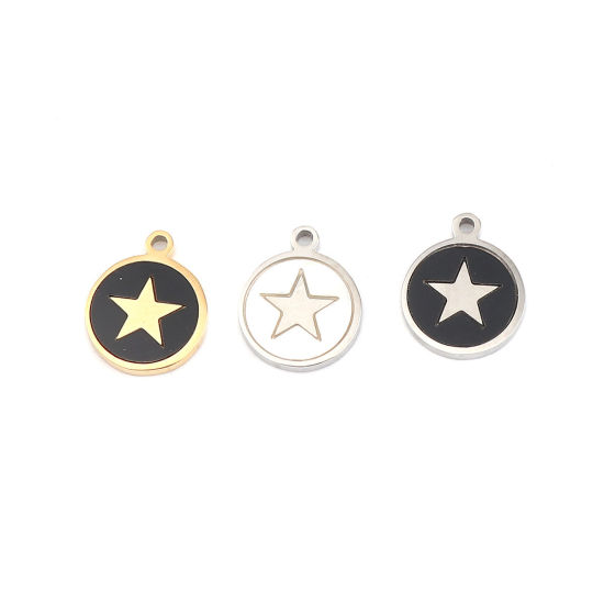 304ステンレス鋼 + シェル チャーム 円形 シルバートーン 黒 五芒星 12mm x 10mm、 1 個 の画像