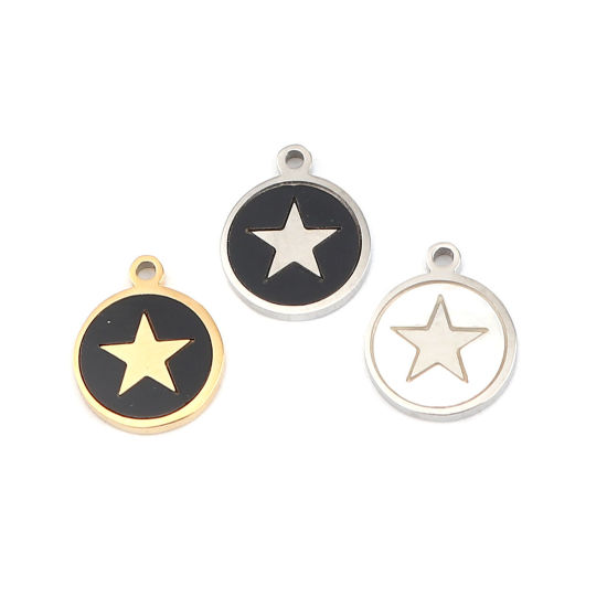 304ステンレス鋼 + シェル チャーム 円形 シルバートーン 黒 五芒星 12mm x 10mm、 1 個 の画像