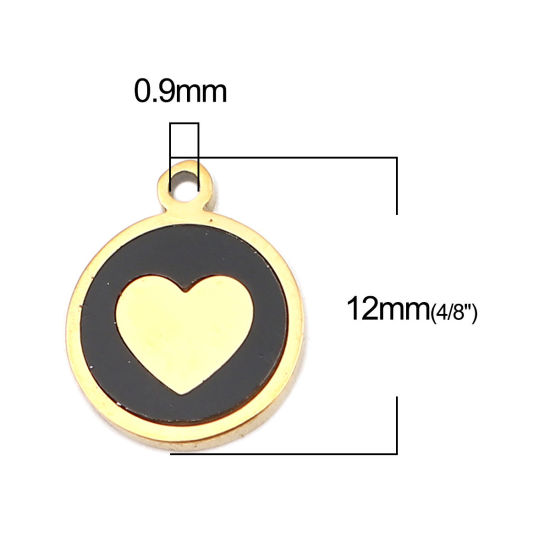 304ステンレス鋼 + シェル チャーム 円形 金メッキ 黒 ハート 12mm x 10mm、 1 個 の画像