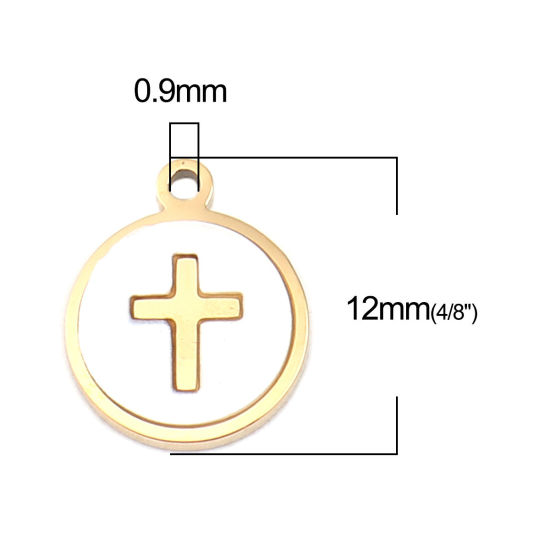 304ステンレス鋼 + シェル 宗教 チャーム 円形 金メッキ オフホワイト クロス 12mm x 10mm、 1 個 の画像