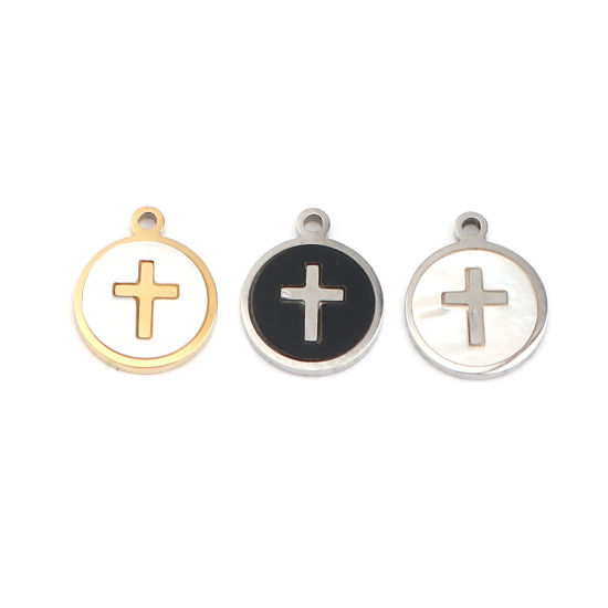 304ステンレス鋼 + シェル 宗教 チャーム 円形 金メッキ オフホワイト クロス 12mm x 10mm、 1 個 の画像