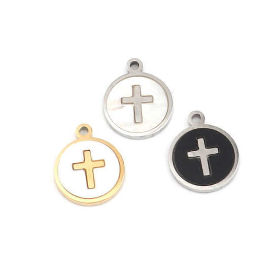 304ステンレス鋼 + シェル 宗教 チャーム 円形 金メッキ オフホワイト クロス 12mm x 10mm、 1 個 の画像
