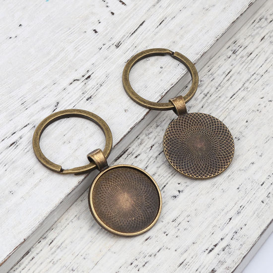 Image de Porte-Clés en Alliage de Zinc Bronze Antique Rond Cabochon Rapportable (Convenable à 25mm Dia) 60mm x 30mm, 5 Pcs