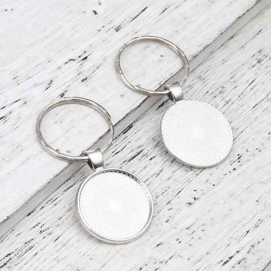 Image de 5 Pcs Porte-Clés en Alliage de Zinc Argent Mat Rond Cabochon Rapportable (Convient 25mm Dia ) 56mm x 28mm