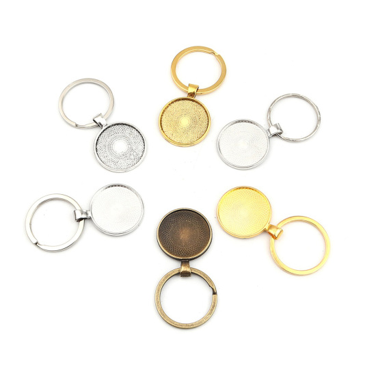 Image de 5 Pcs Porte-Clés en Alliage de Zinc Argent Mat Rond Cabochon Rapportable (Convient 25mm Dia ) 56mm x 28mm