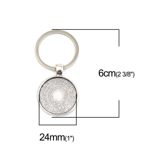 Image de Porte-Clés en Alliage de Zinc Argent Antique Rond Cabochon Rapportable (Convenable à 24mm Dia) 60mm x 30mm, 5 Pcs