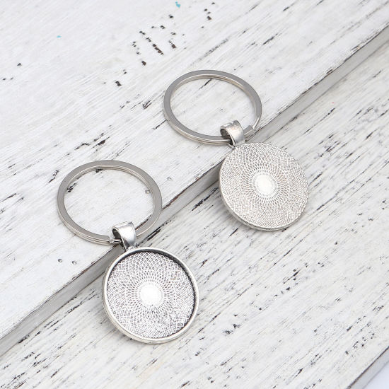 Image de Porte-Clés en Alliage de Zinc Argent Antique Rond Cabochon Rapportable (Convenable à 24mm Dia) 60mm x 30mm, 5 Pcs
