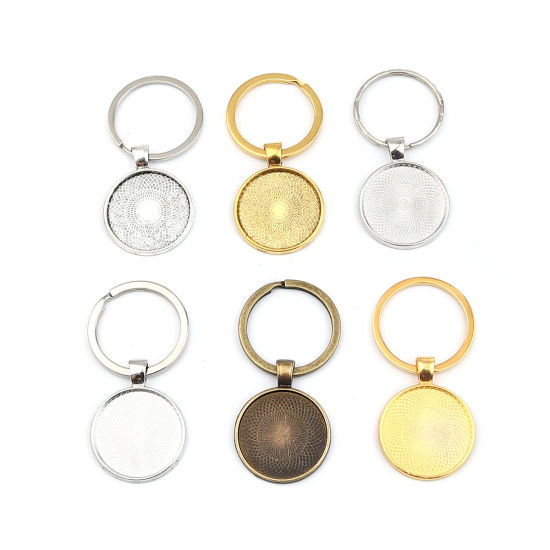 Image de Porte-Clés en Alliage de Zinc Argent Antique Rond Cabochon Rapportable (Convenable à 24mm Dia) 60mm x 30mm, 5 Pcs