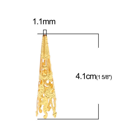 Bild von Messing Perlkappen Kegel Vergoldet Filigran (Für Perlengröße: 10mm D.) 41mm x 9mm, 20 Stück