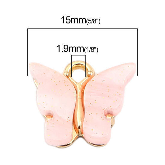 Immagine di Zinc Based Alloy & Acrylic Insect Charms Butterfly Animal Gold Plated Pink 15mm x 13mm, 10 PCs