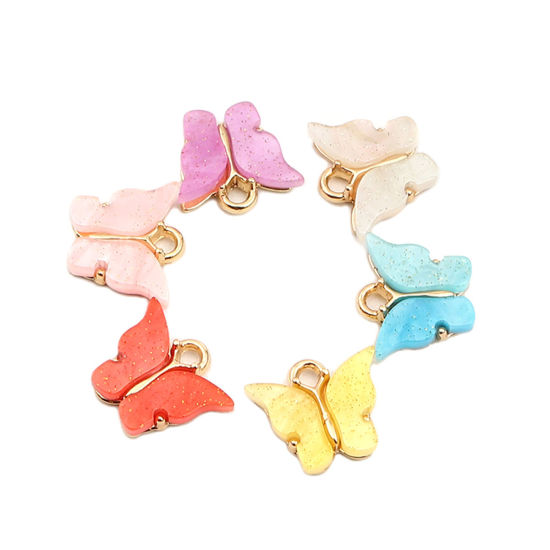Immagine di Zinc Based Alloy & Acrylic Insect Charms Butterfly Animal Gold Plated Pink 15mm x 13mm, 10 PCs