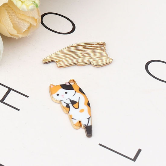 Immagine di Zinc Based Alloy Charms Cat Animal Gold Plated Multicolor Enamel 25mm x 13mm, 10 PCs