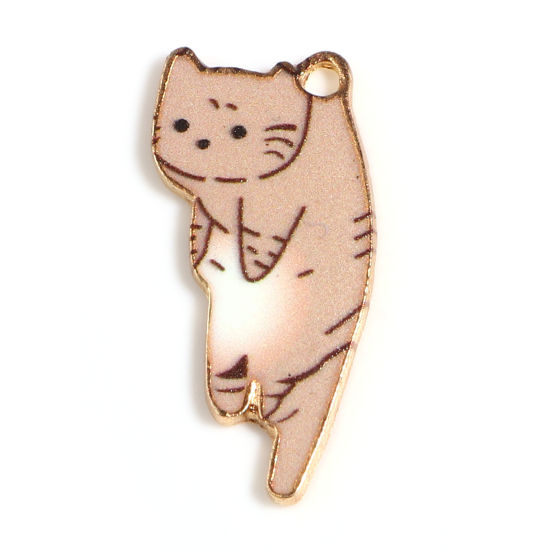 Immagine di Zinc Based Alloy Charms Cat Animal Gold Plated Light Coffee Enamel 25mm x 13mm, 10 PCs
