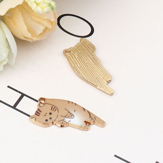 Immagine di Zinc Based Alloy Charms Cat Animal Gold Plated Light Coffee Enamel 25mm x 13mm, 10 PCs
