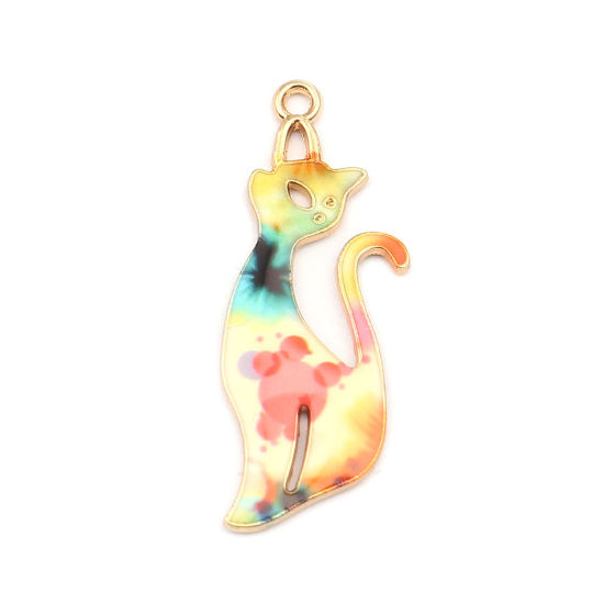 Immagine di Zinc Based Alloy Pendants Cat Animal Gold Plated Multicolor Flower Enamel 37mm x 13mm, 10 PCs