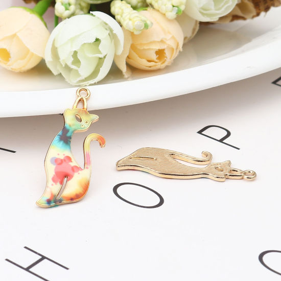 Immagine di Zinc Based Alloy Pendants Cat Animal Gold Plated Multicolor Flower Enamel 37mm x 13mm, 10 PCs