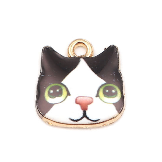 Picture of Zinc Based Alloy Charms Cat Animal Gold Plated Black & White Enamel 13mm x 13mm, 10 PCs