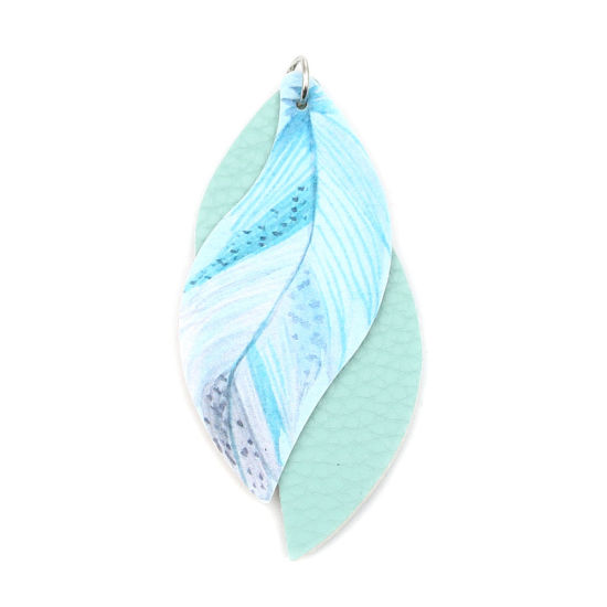 Imagen de PU Leather Pendants Leaf Mintgreen Feather 77mm x 34mm, 5 PCs