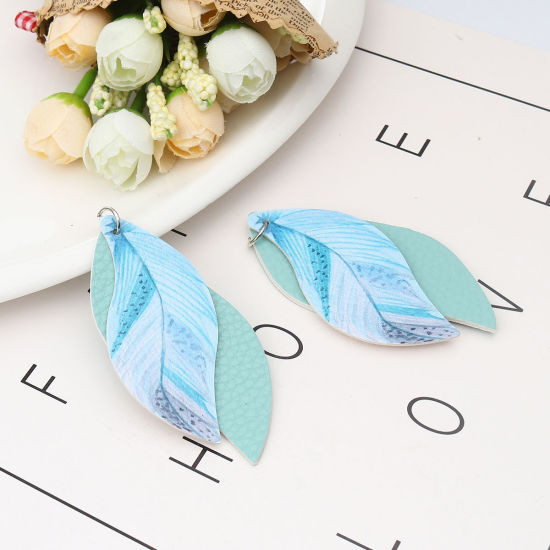 Imagen de PU Leather Pendants Leaf Mintgreen Feather 77mm x 34mm, 5 PCs