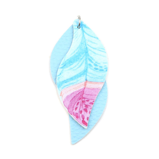 Imagen de PU Leather Pendants Leaf Blue Feather 77mm x 34mm, 5 PCs