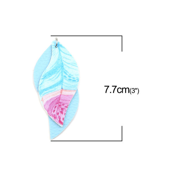 Imagen de PU Leather Pendants Leaf Blue Feather 77mm x 34mm, 5 PCs
