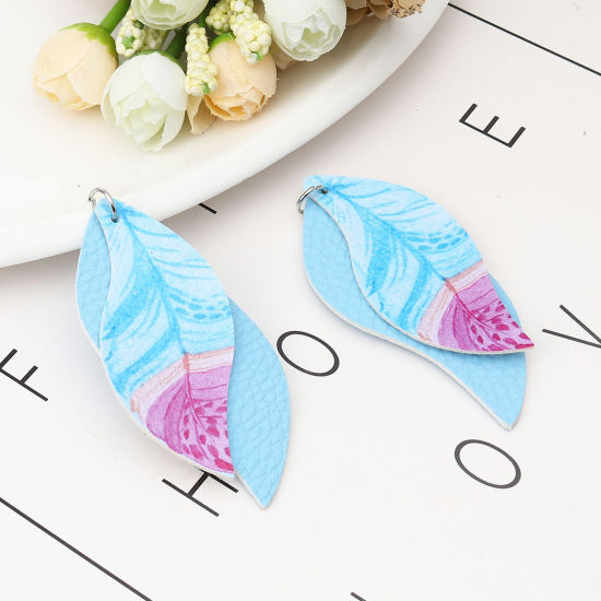 Imagen de PU Leather Pendants Leaf Blue Feather 77mm x 34mm, 5 PCs