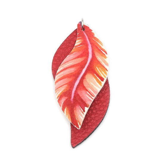 Imagen de PU Leather Pendants Leaf Dark Red Feather 77mm x 34mm, 5 PCs