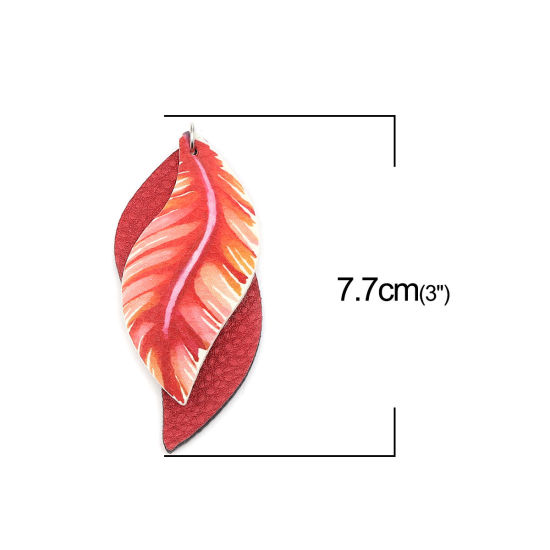 Imagen de PU Leather Pendants Leaf Dark Red Feather 77mm x 34mm, 5 PCs