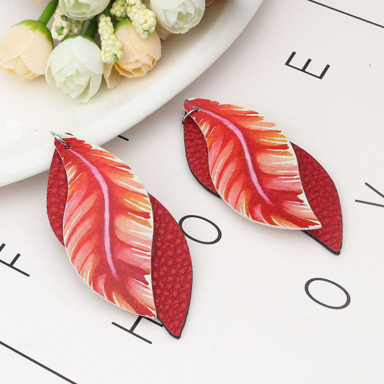 Imagen de PU Leather Pendants Leaf Dark Red Feather 77mm x 34mm, 5 PCs